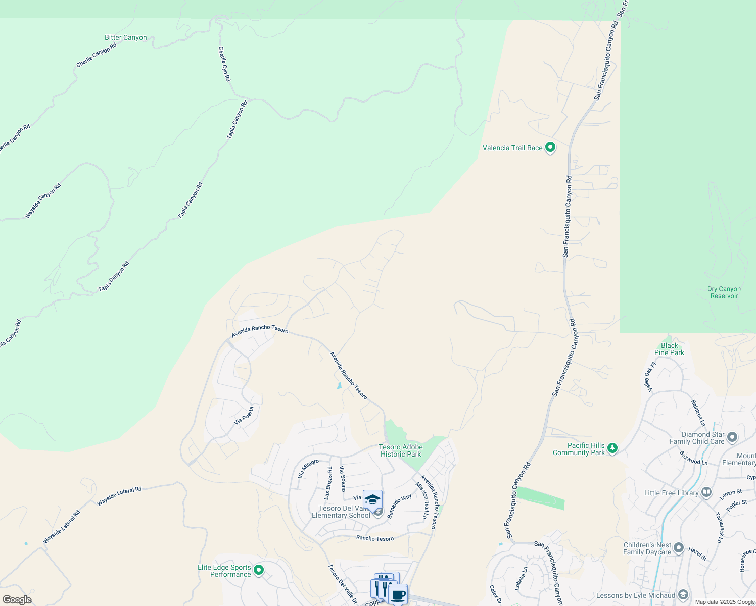 map of restaurants, bars, coffee shops, grocery stores, and more near 29900 North Camino los Robles in Santa Clarita