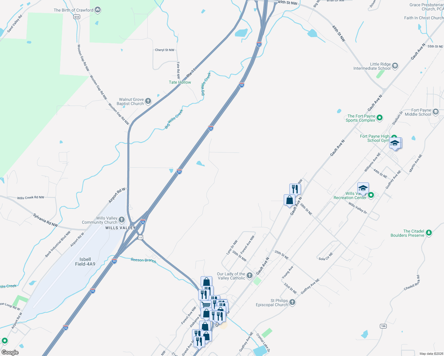 map of restaurants, bars, coffee shops, grocery stores, and more near 4501 Hixon Road Northwest in Fort Payne