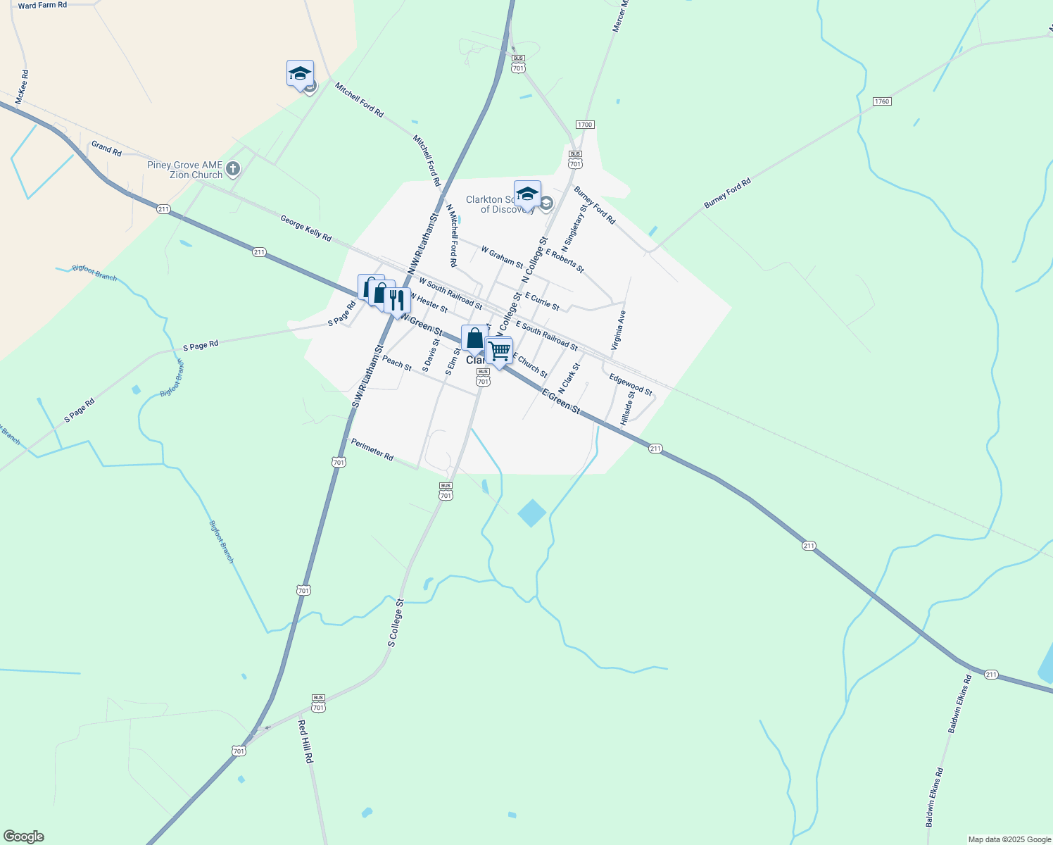 map of restaurants, bars, coffee shops, grocery stores, and more near 113 South Grove Street in Clarkton