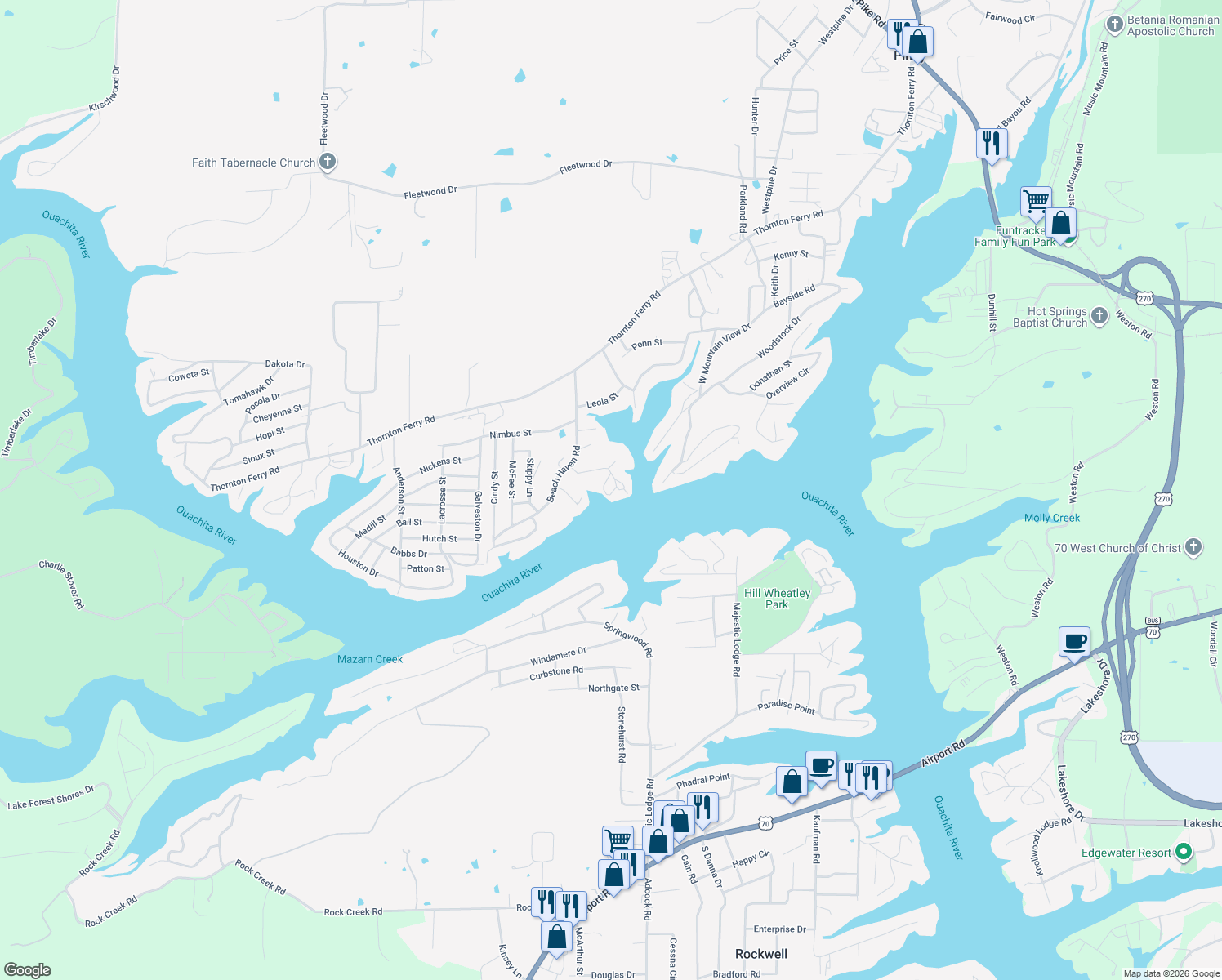 map of restaurants, bars, coffee shops, grocery stores, and more near 104 Culbreath Point in Hot Springs