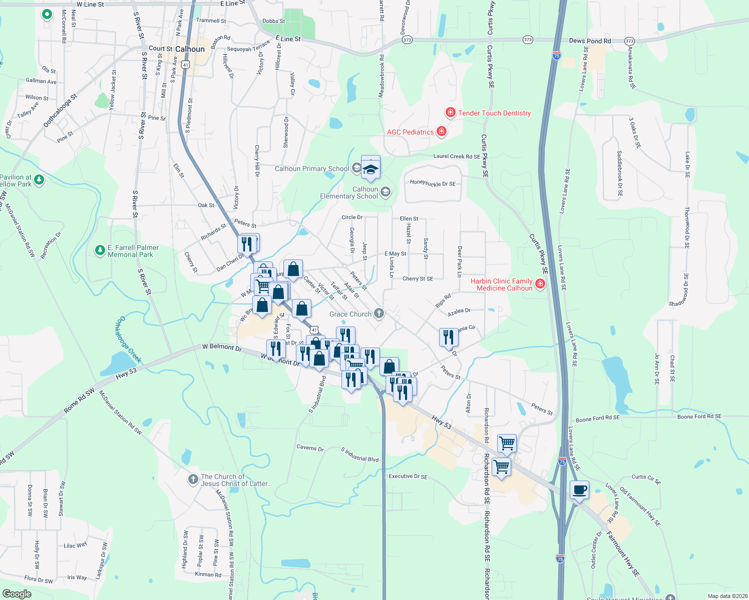 map of restaurants, bars, coffee shops, grocery stores, and more near 416 Peters Street in Calhoun