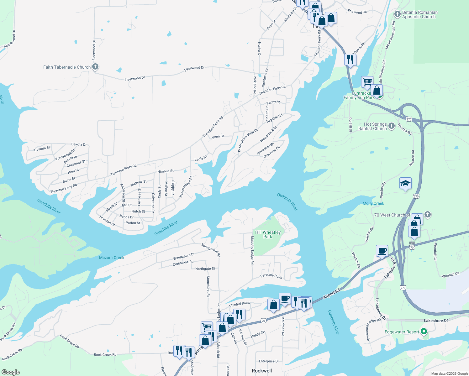 map of restaurants, bars, coffee shops, grocery stores, and more near 245 West Mountain View Circle in Hot Springs
