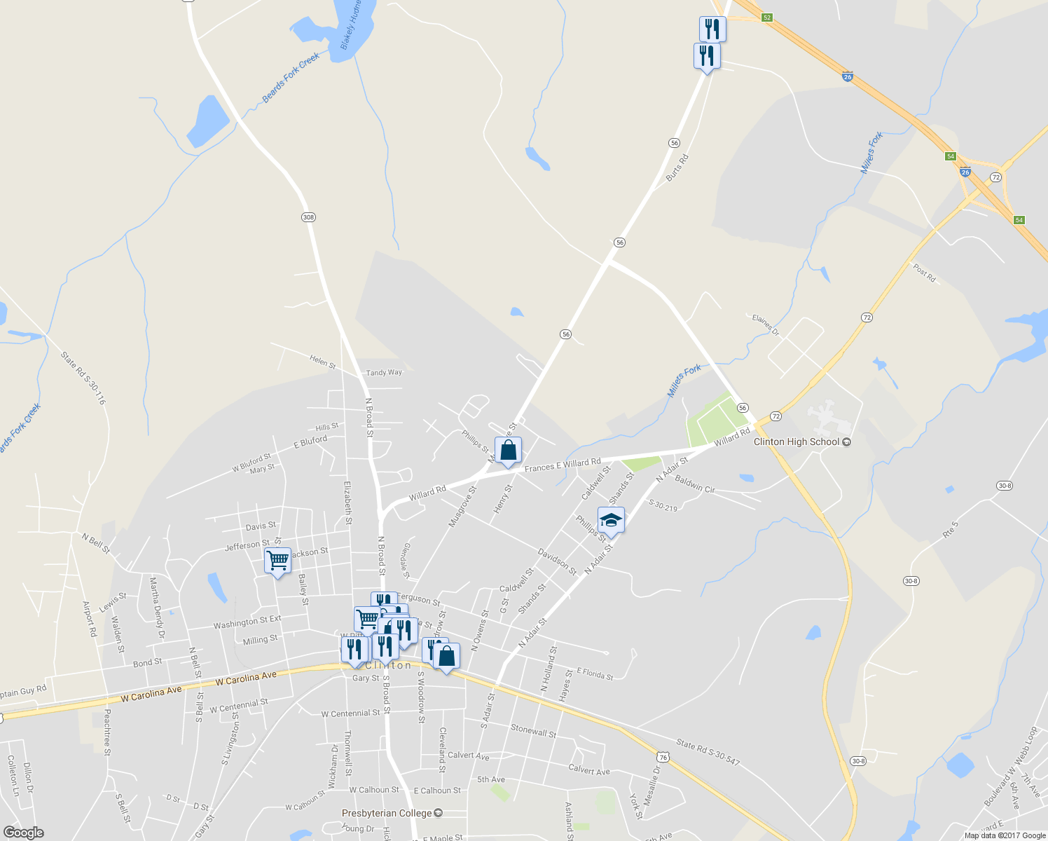 map of restaurants, bars, coffee shops, grocery stores, and more near 1000 Musgrove Street in Clinton