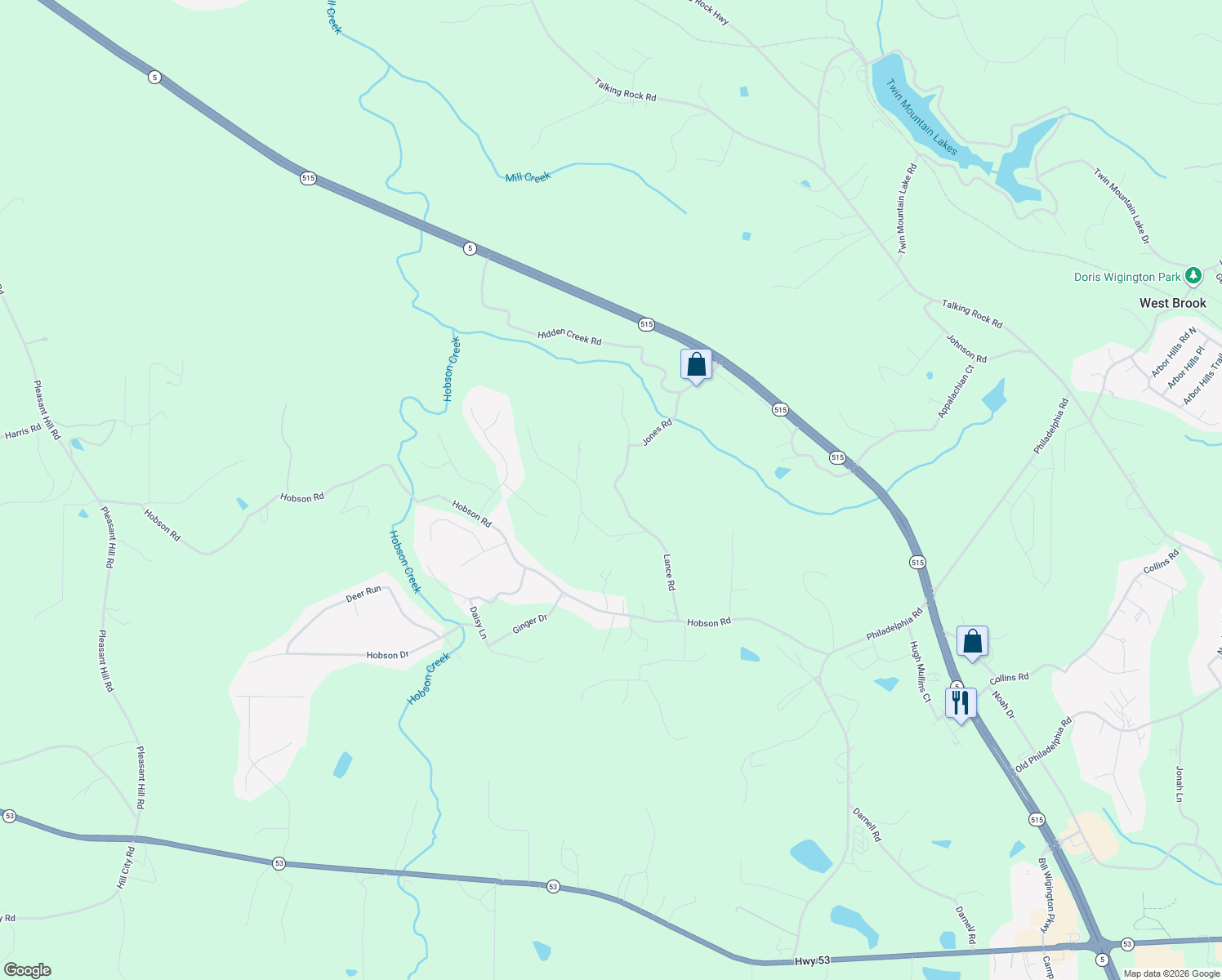 map of restaurants, bars, coffee shops, grocery stores, and more near 161 Mountain Laurel Drive in Jasper