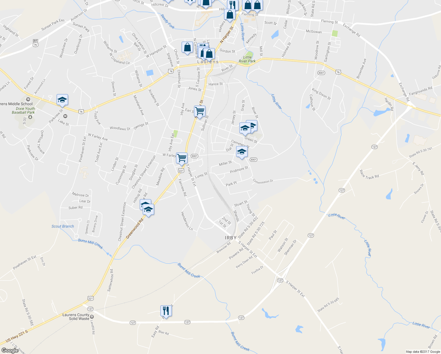 map of restaurants, bars, coffee shops, grocery stores, and more near 205 Lurey Street in Laurens