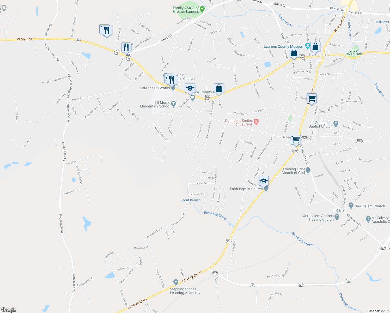map of restaurants, bars, coffee shops, grocery stores, and more near 111 Sherwood Forest in Laurens