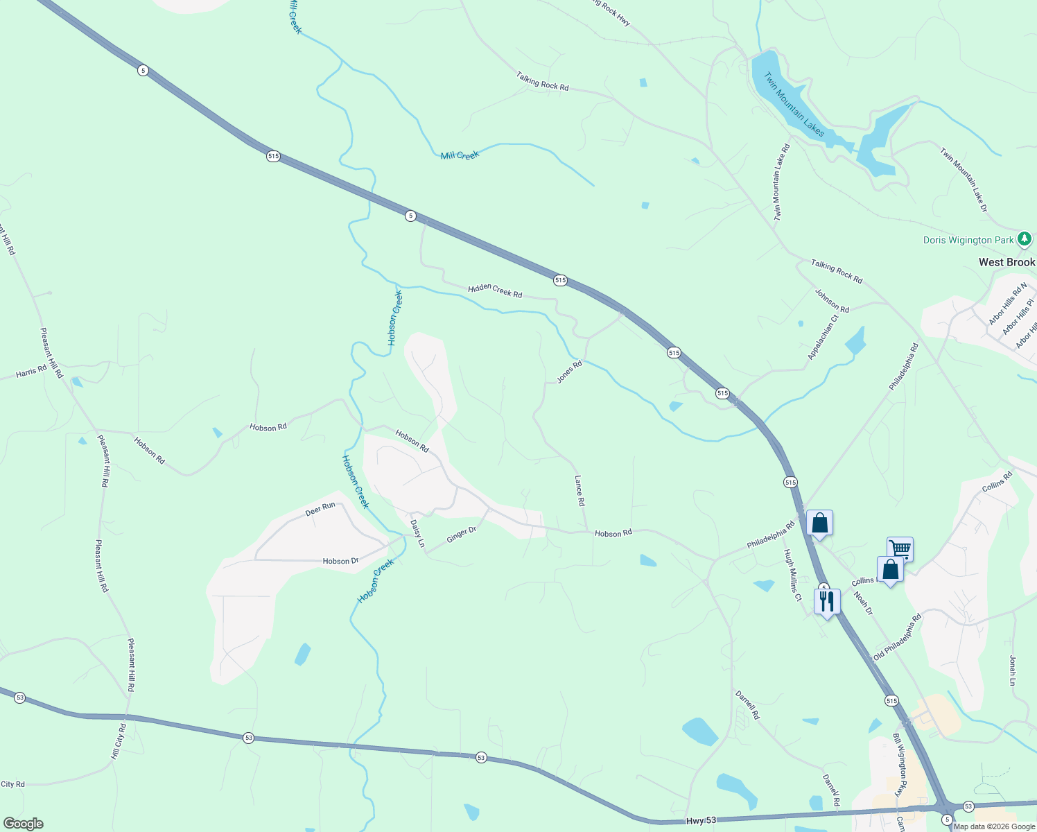 map of restaurants, bars, coffee shops, grocery stores, and more near 161 Mountain Laurel Drive in Jasper