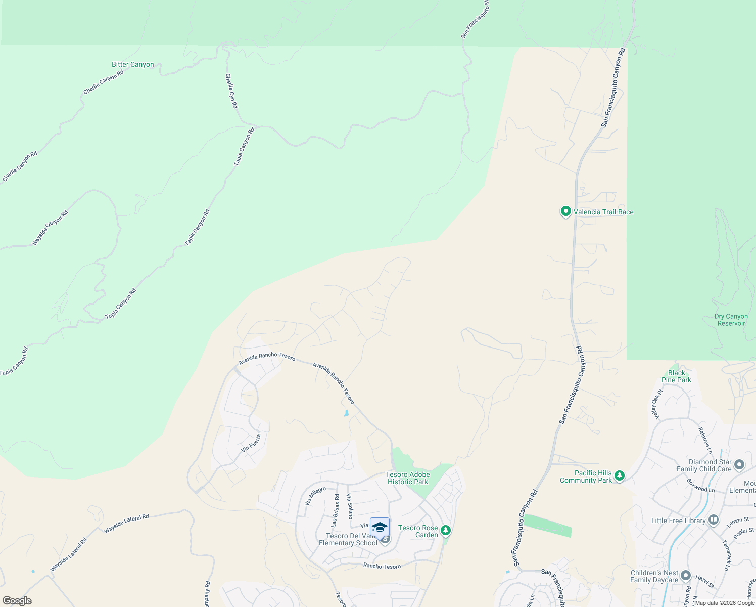 map of restaurants, bars, coffee shops, grocery stores, and more near San Francisquito Mtwy in Santa Clarita