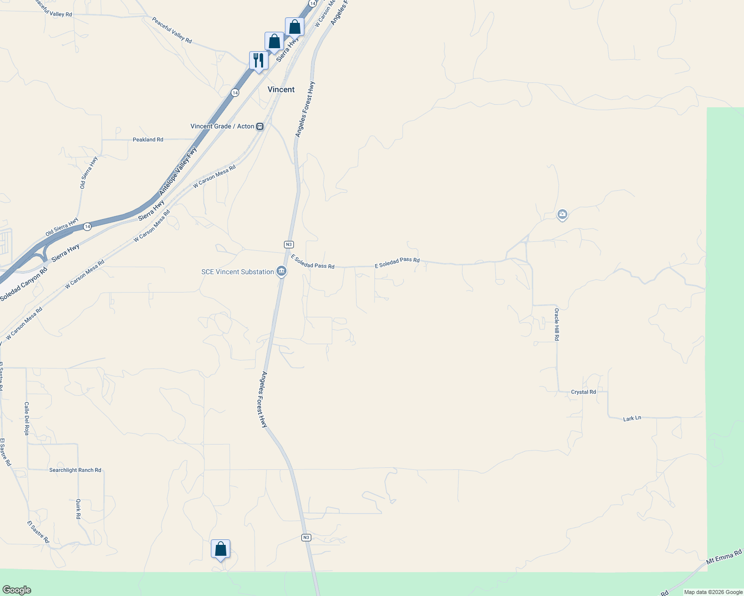 map of restaurants, bars, coffee shops, grocery stores, and more near 2 Soledad Canyon Road in Acton