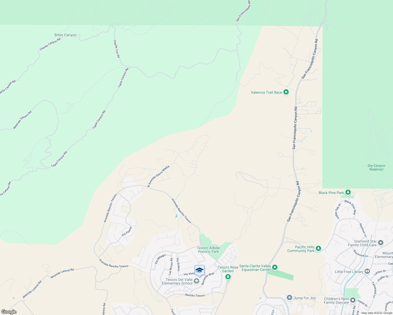 map of restaurants, bars, coffee shops, grocery stores, and more near 24156 West Corte la Lluvia in Los Angeles County