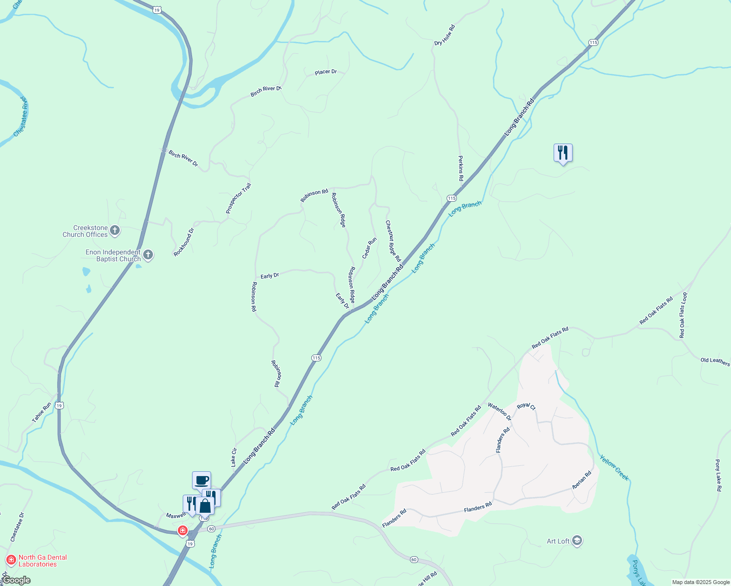 map of restaurants, bars, coffee shops, grocery stores, and more near 297 Holly Ridge in Dahlonega