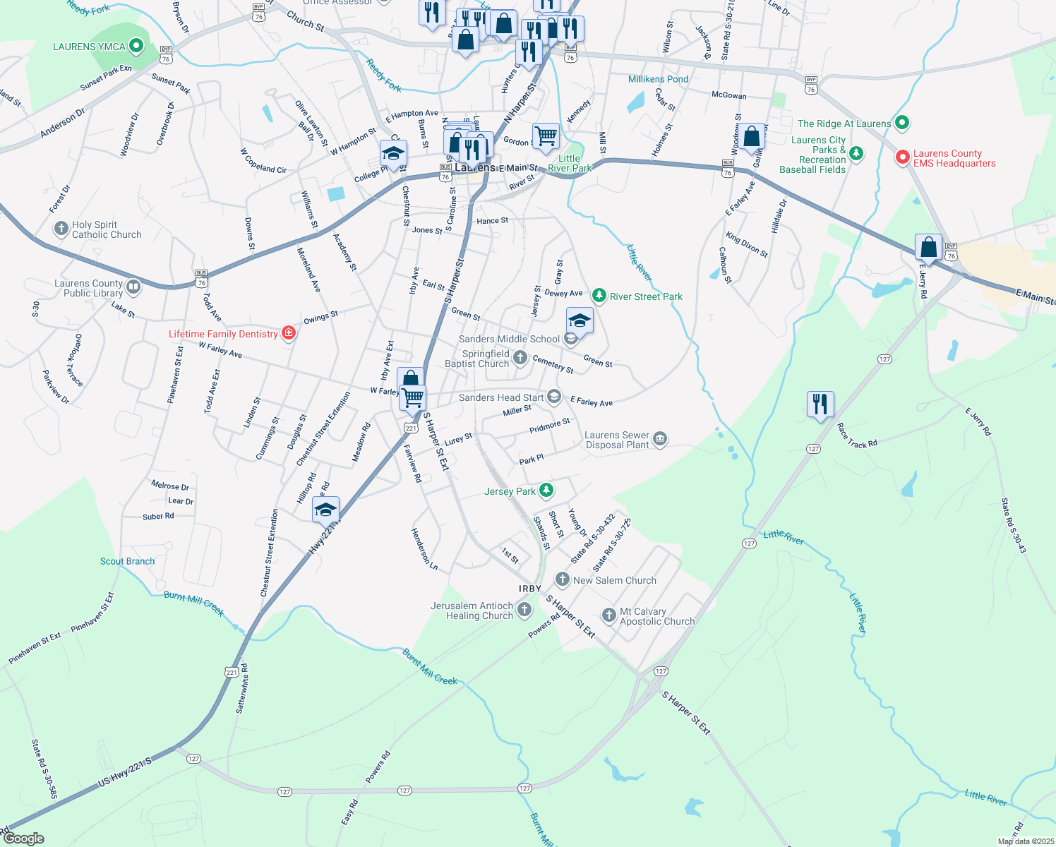 map of restaurants, bars, coffee shops, grocery stores, and more near 209 Pridmore Street in Laurens
