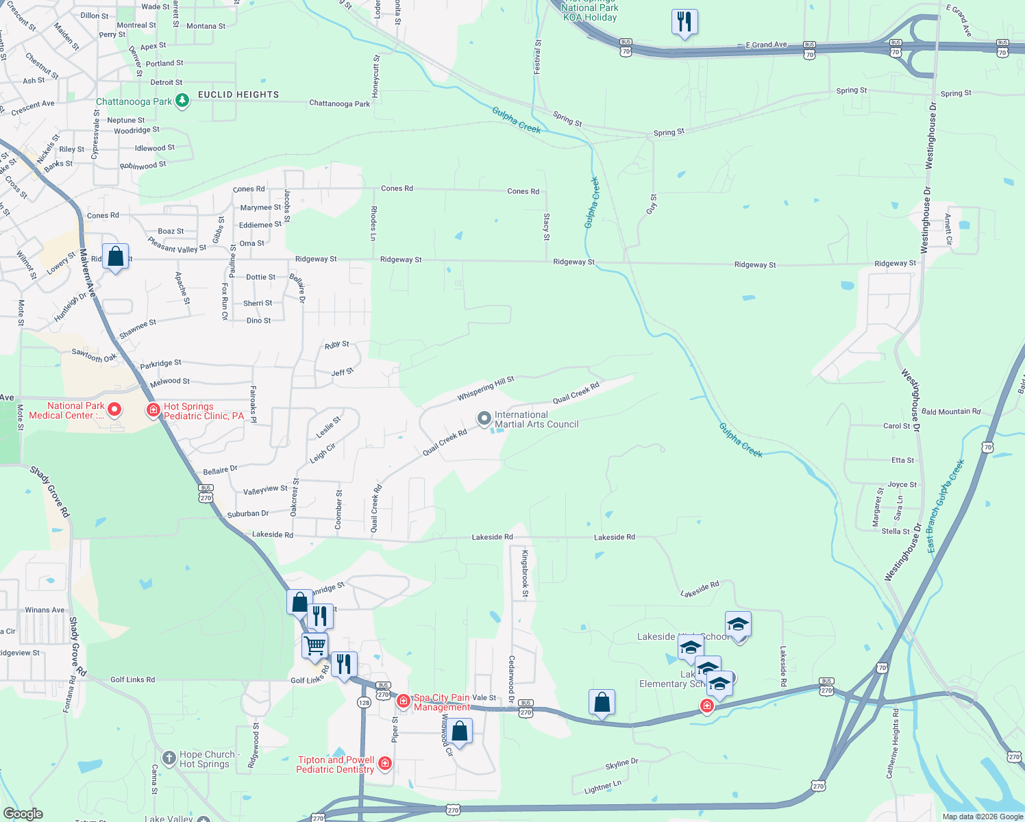 map of restaurants, bars, coffee shops, grocery stores, and more near 100 Gramercy Court in Hot Springs
