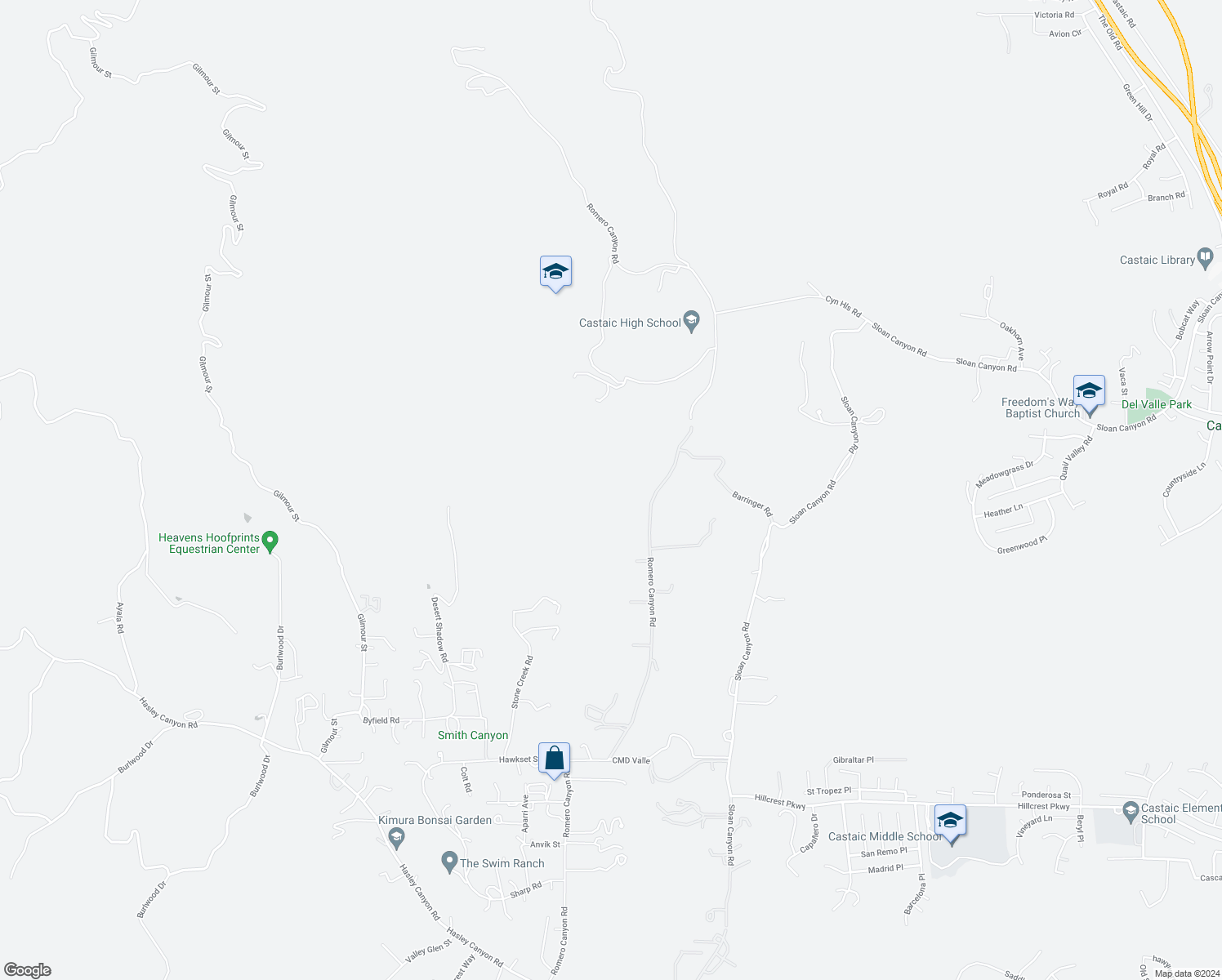 map of restaurants, bars, coffee shops, grocery stores, and more near Romero Canyon Road in Castaic