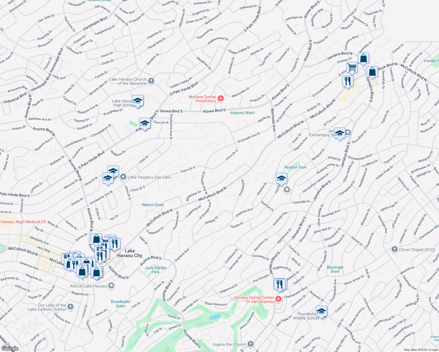 map of restaurants, bars, coffee shops, grocery stores, and more near 2855 Bluewater Dr in Lake Havasu City