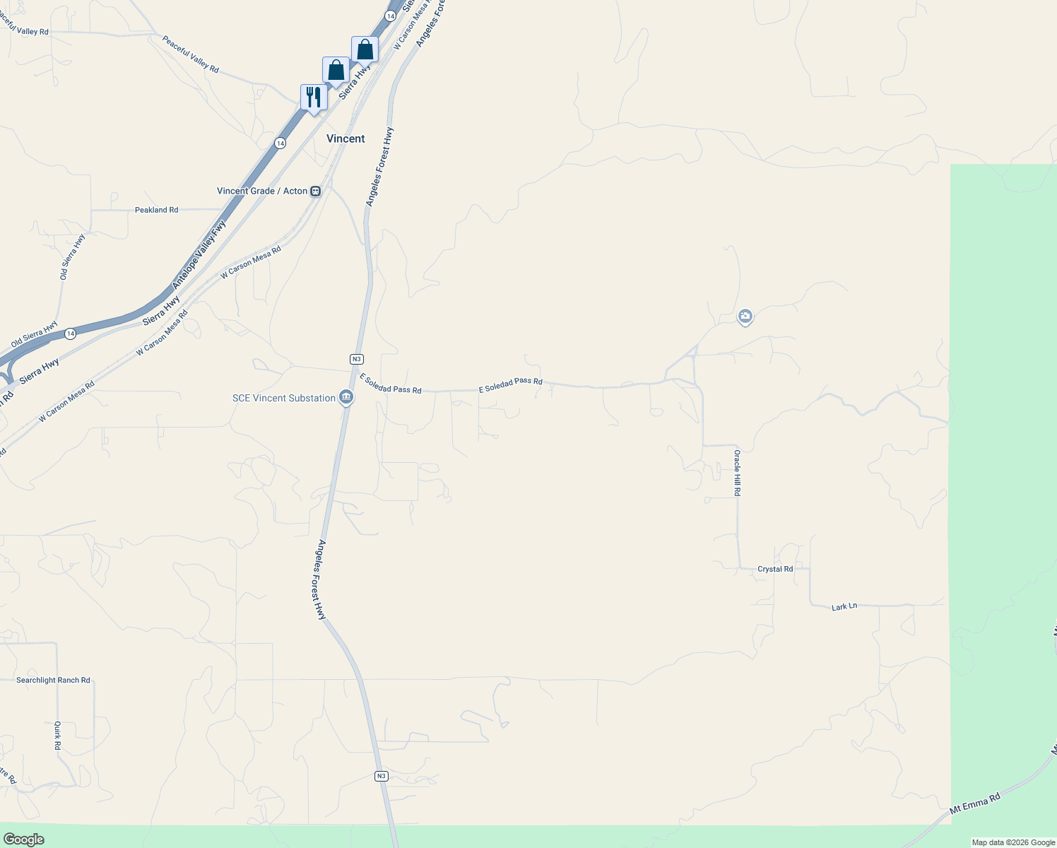 map of restaurants, bars, coffee shops, grocery stores, and more near 624 East Soledad Pass Road in Palmdale