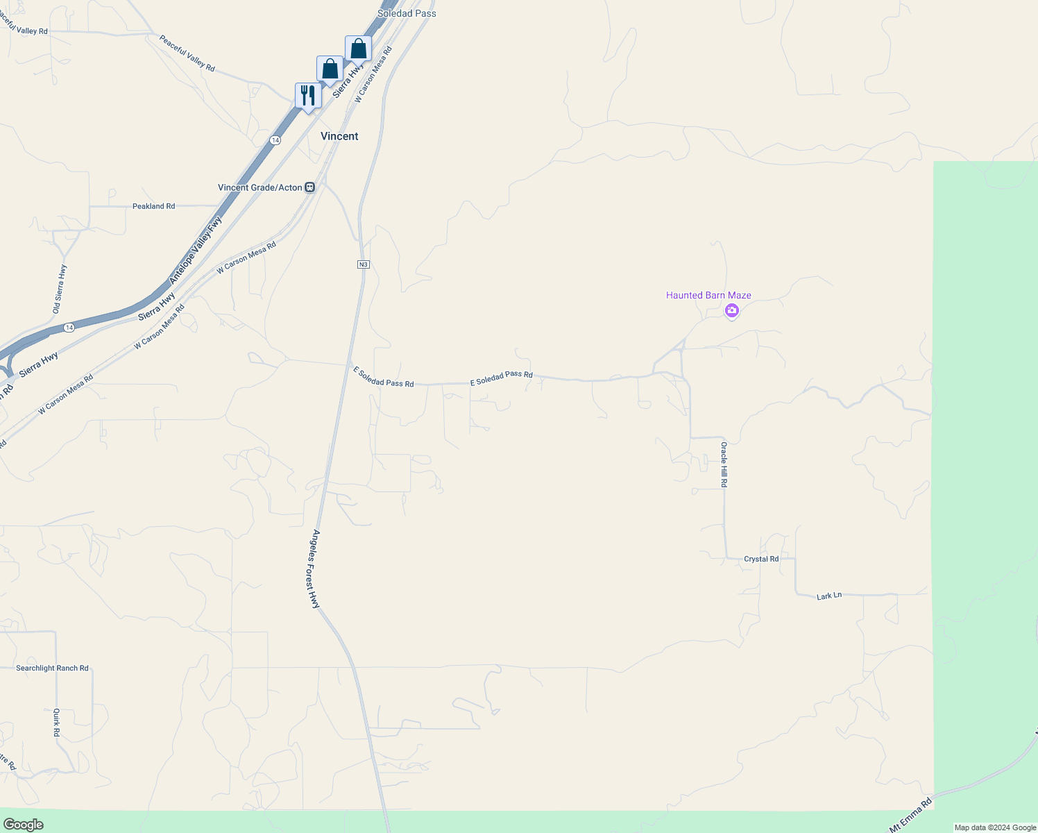 map of restaurants, bars, coffee shops, grocery stores, and more near East Soledad Pass Road in Los Angeles County