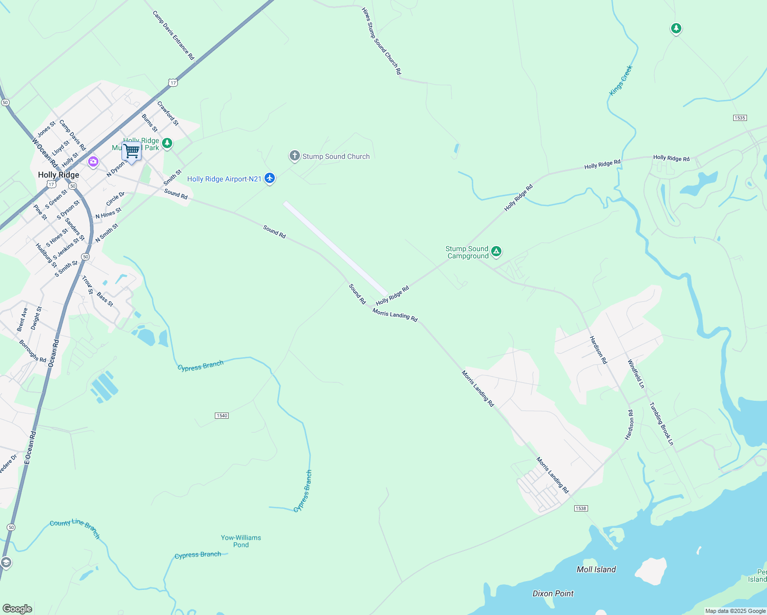 map of restaurants, bars, coffee shops, grocery stores, and more near 687 Holly Ridge Road in Holly Ridge