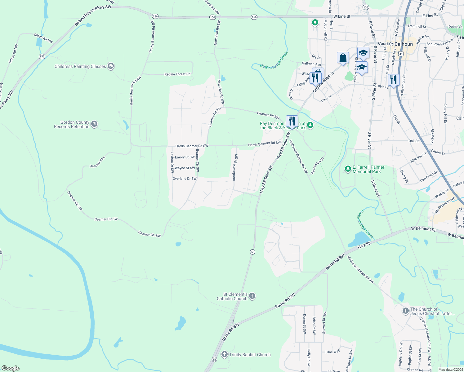 map of restaurants, bars, coffee shops, grocery stores, and more near 131 Brookstone Dr SW in Calhoun