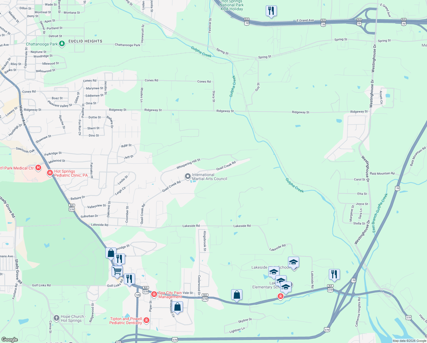 map of restaurants, bars, coffee shops, grocery stores, and more near 334 Quail Creek Road in Hot Springs