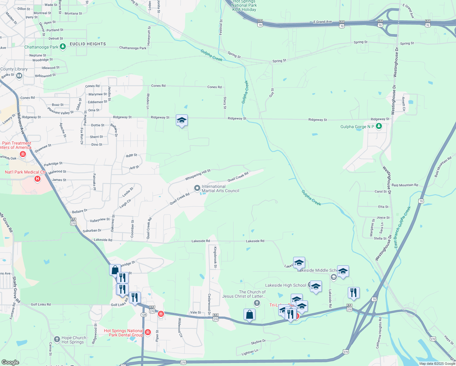 map of restaurants, bars, coffee shops, grocery stores, and more near 334 Quail Creek Road in Hot Springs