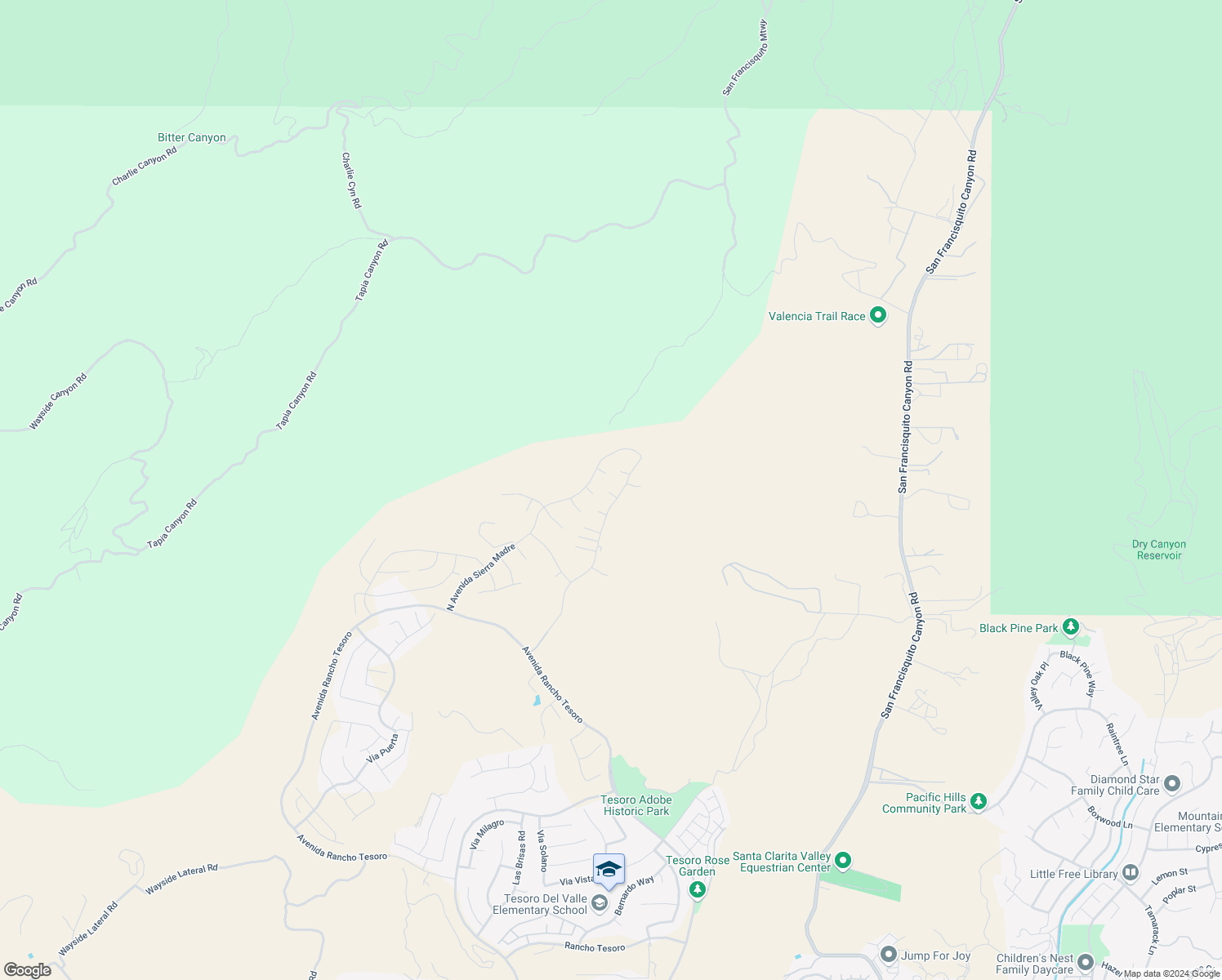 map of restaurants, bars, coffee shops, grocery stores, and more near 24109 West Corte Arana in Los Angeles County