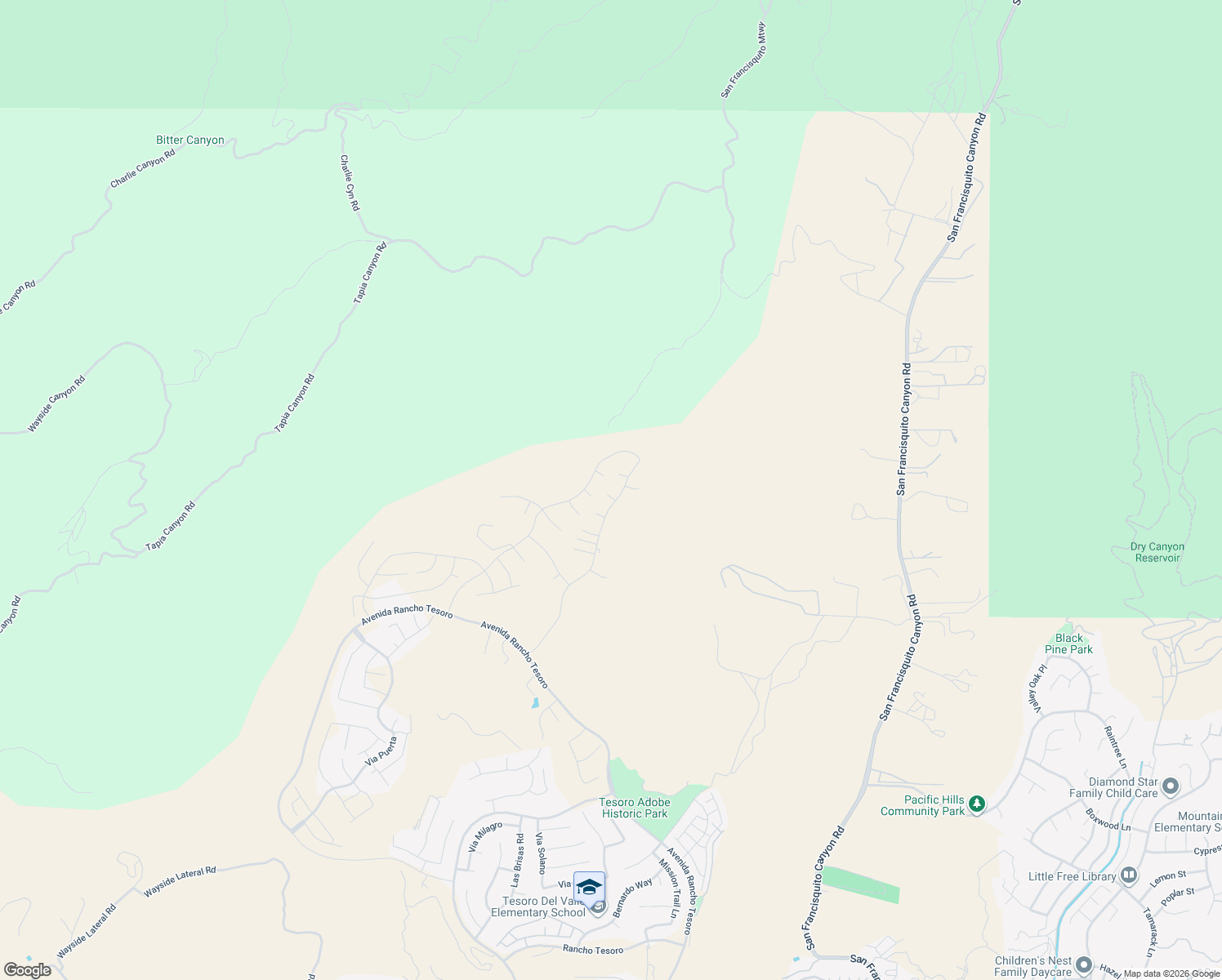 map of restaurants, bars, coffee shops, grocery stores, and more near 24109 West Corte Arana in Los Angeles County