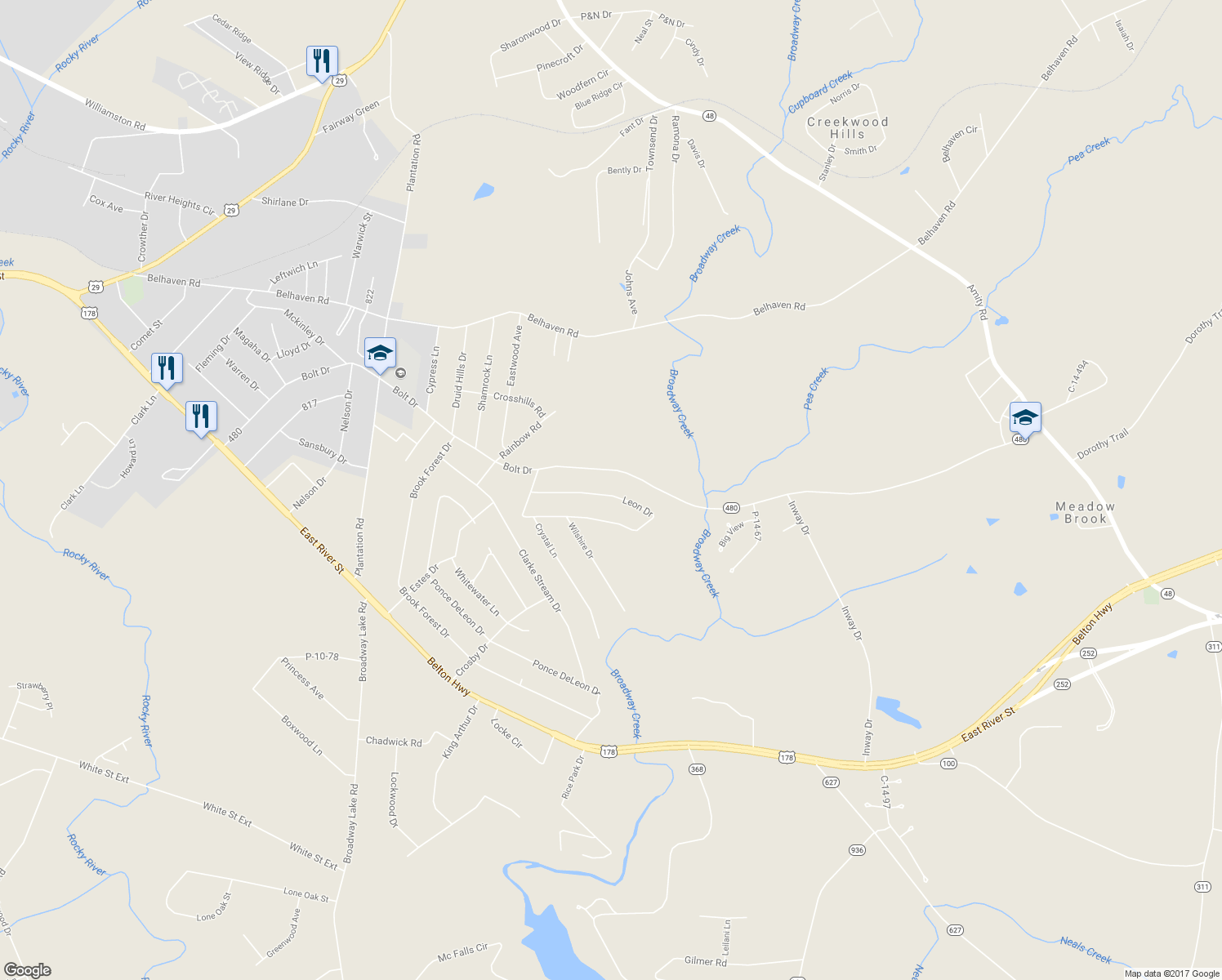 map of restaurants, bars, coffee shops, grocery stores, and more near 119 Leon Drive in Anderson