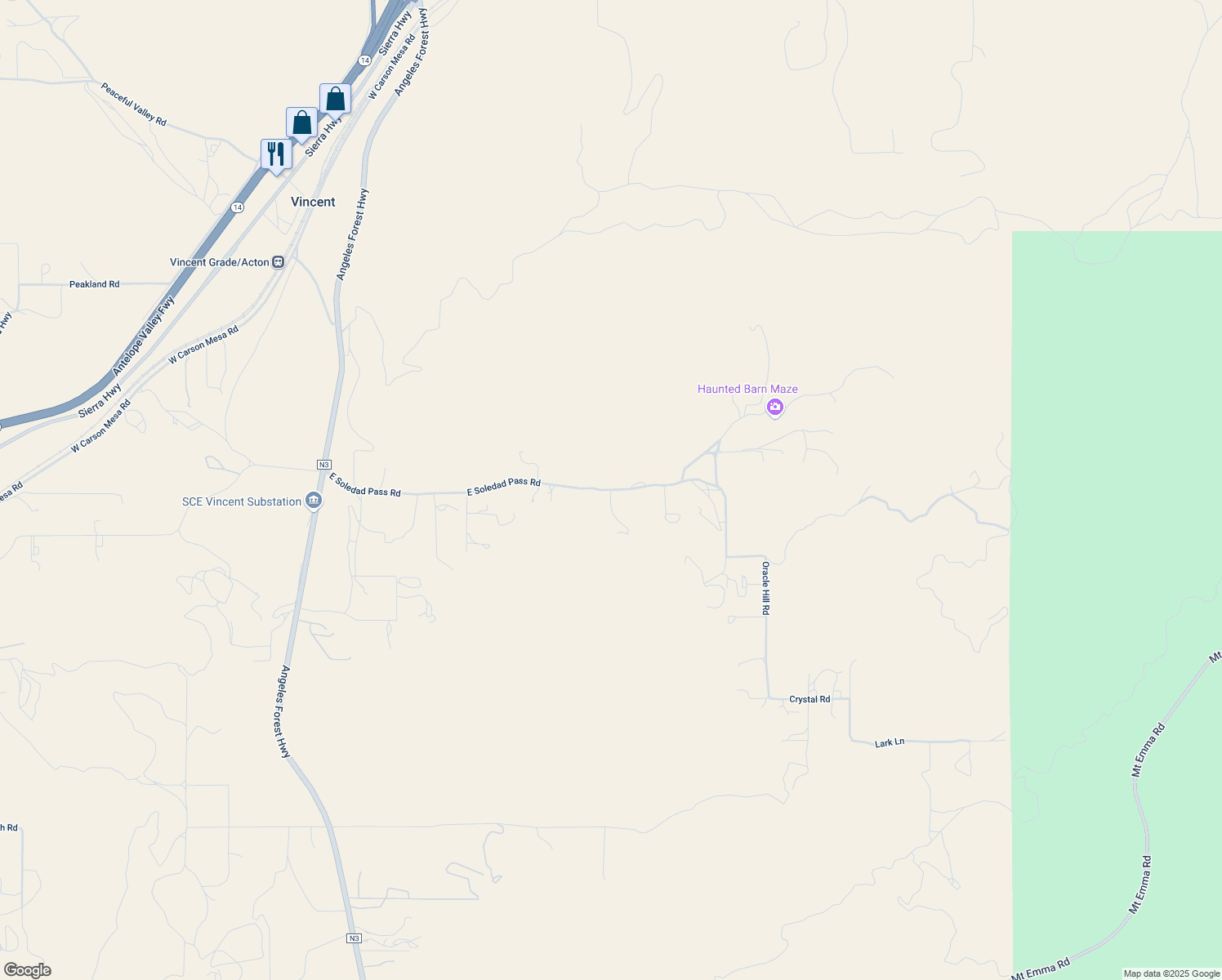 map of restaurants, bars, coffee shops, grocery stores, and more near East Soledad Pass Road in Los Angeles County