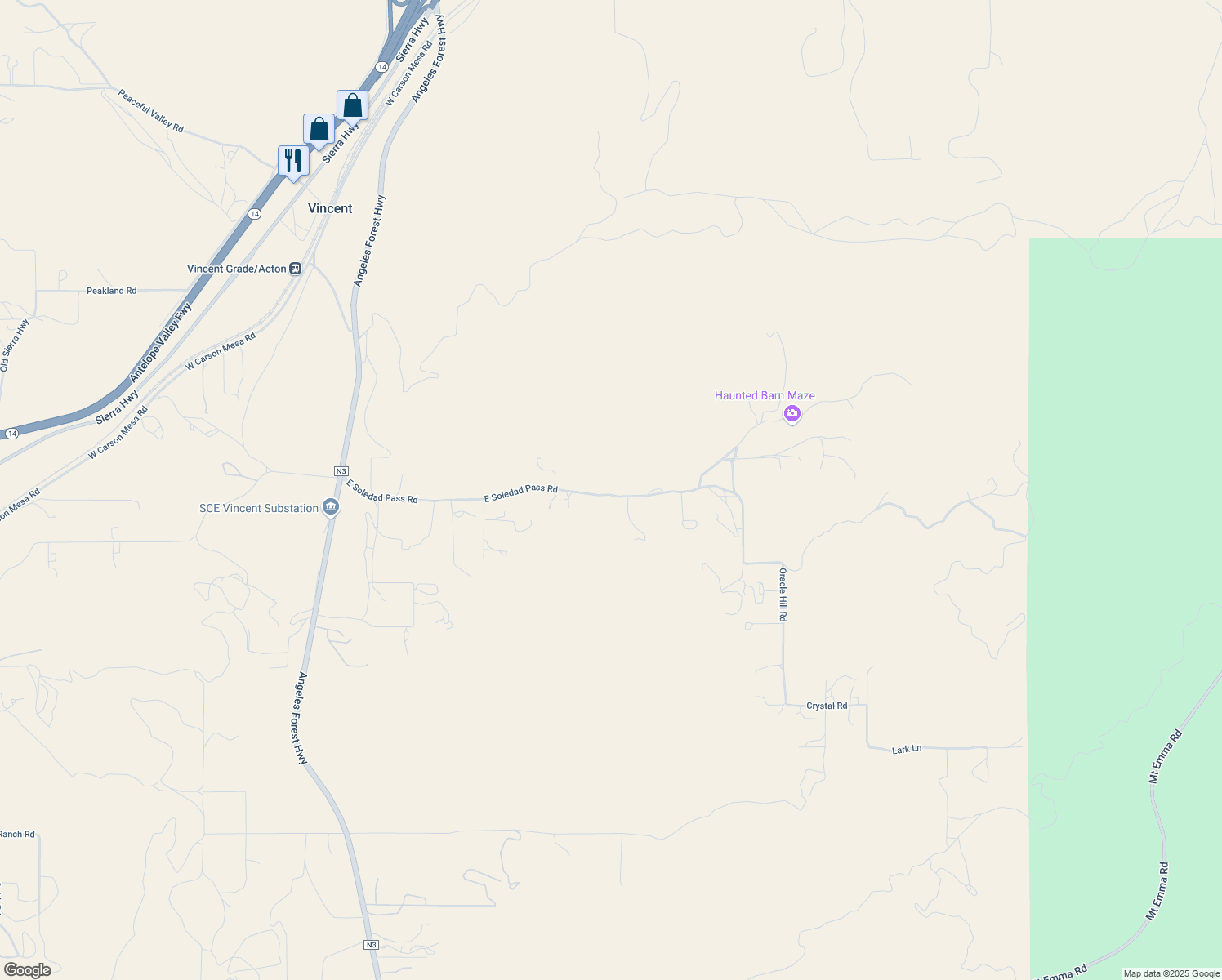 map of restaurants, bars, coffee shops, grocery stores, and more near 3056 East Soledad Pass Road in Palmdale