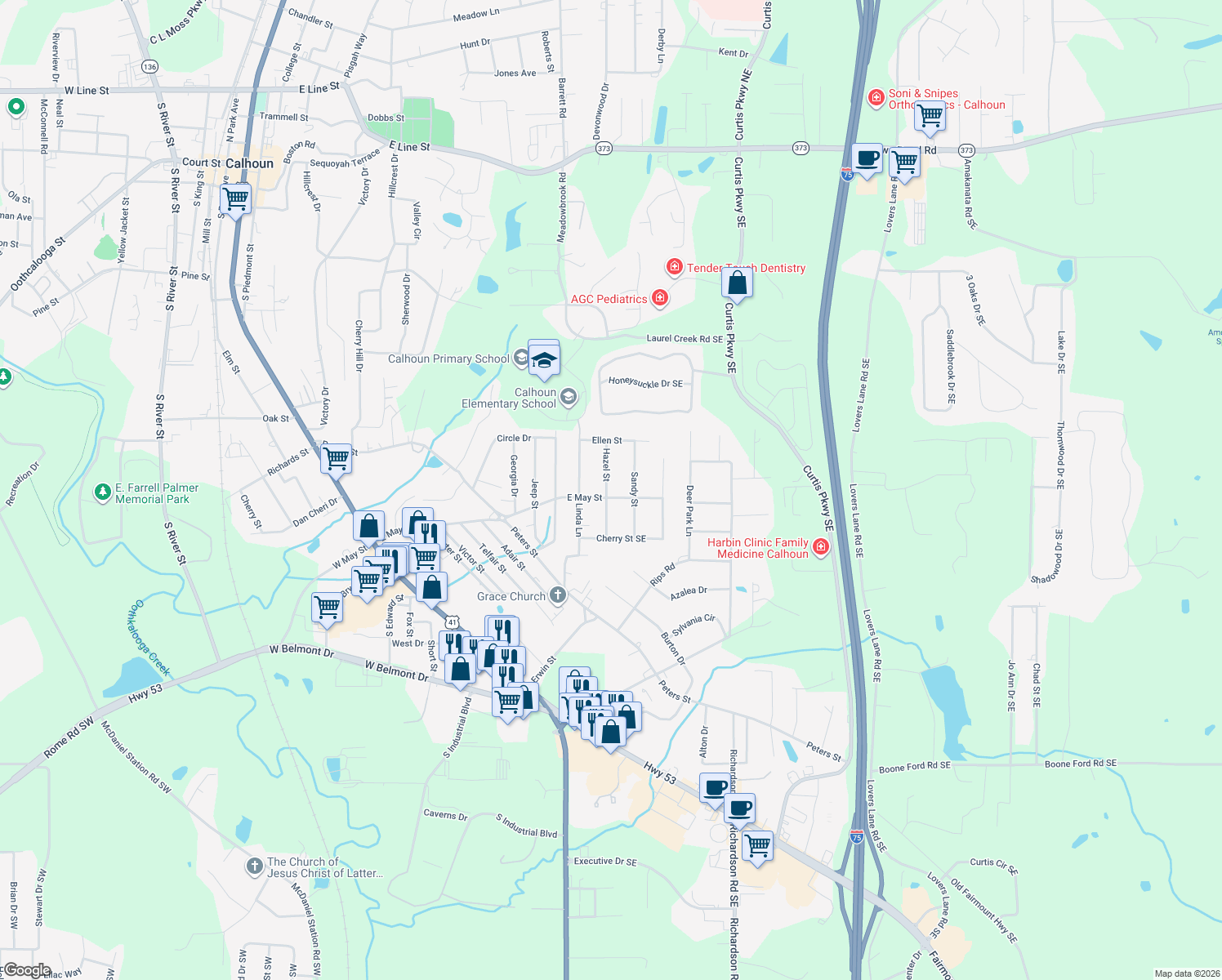 map of restaurants, bars, coffee shops, grocery stores, and more near 1001 E May St in Calhoun