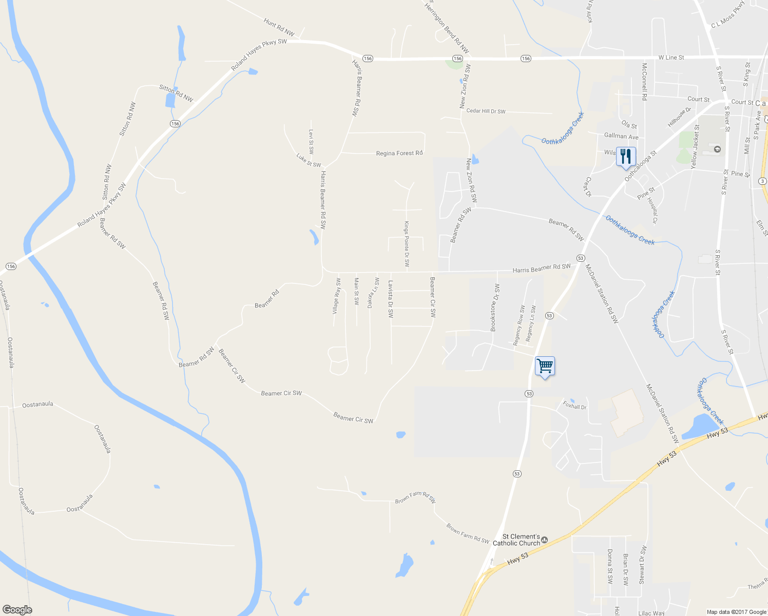 map of restaurants, bars, coffee shops, grocery stores, and more near 185 Lavista Drive Southwest in Calhoun