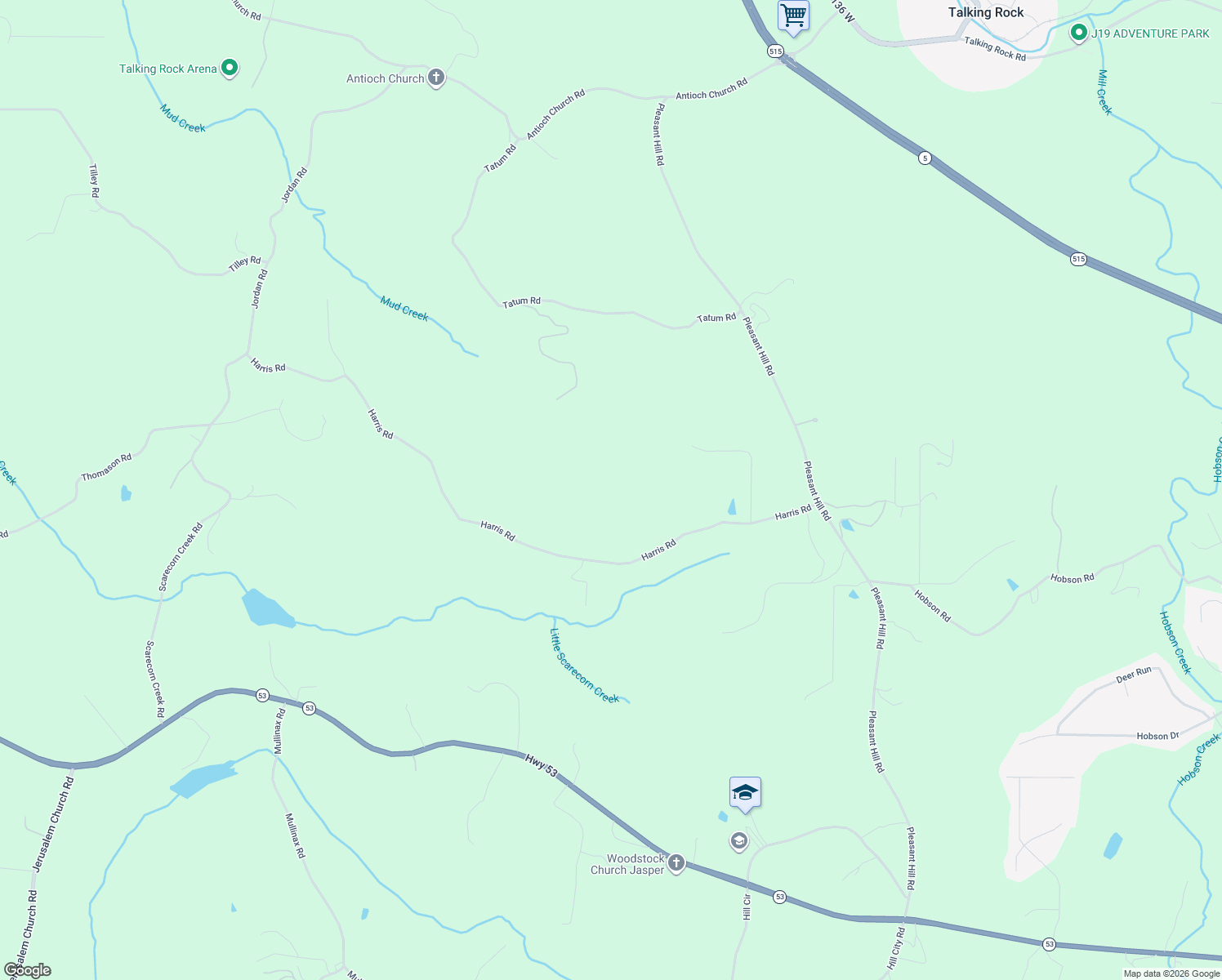map of restaurants, bars, coffee shops, grocery stores, and more near 470 Harris Road in Jasper