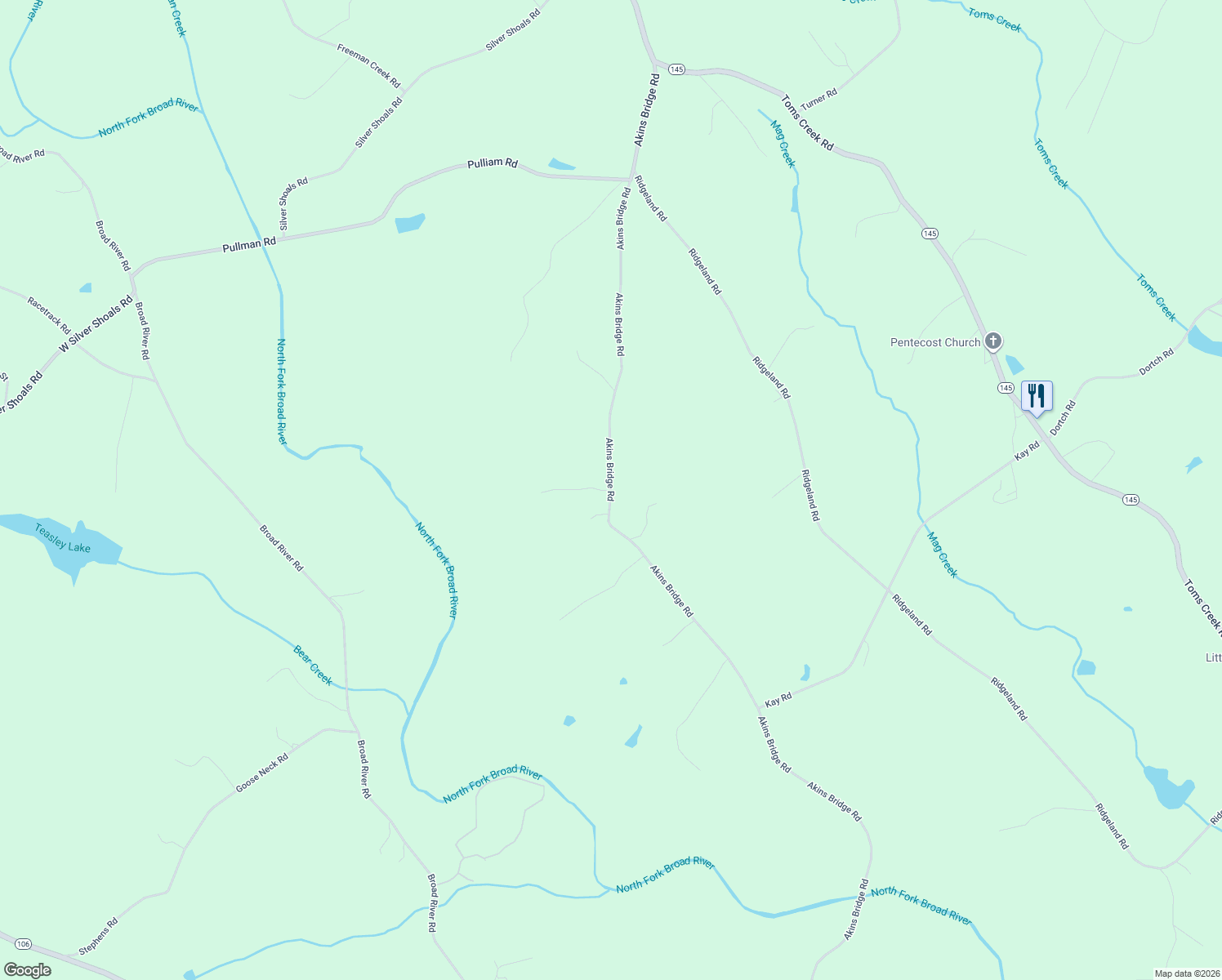 map of restaurants, bars, coffee shops, grocery stores, and more near 207 Akins Bridge Road in Eastanollee