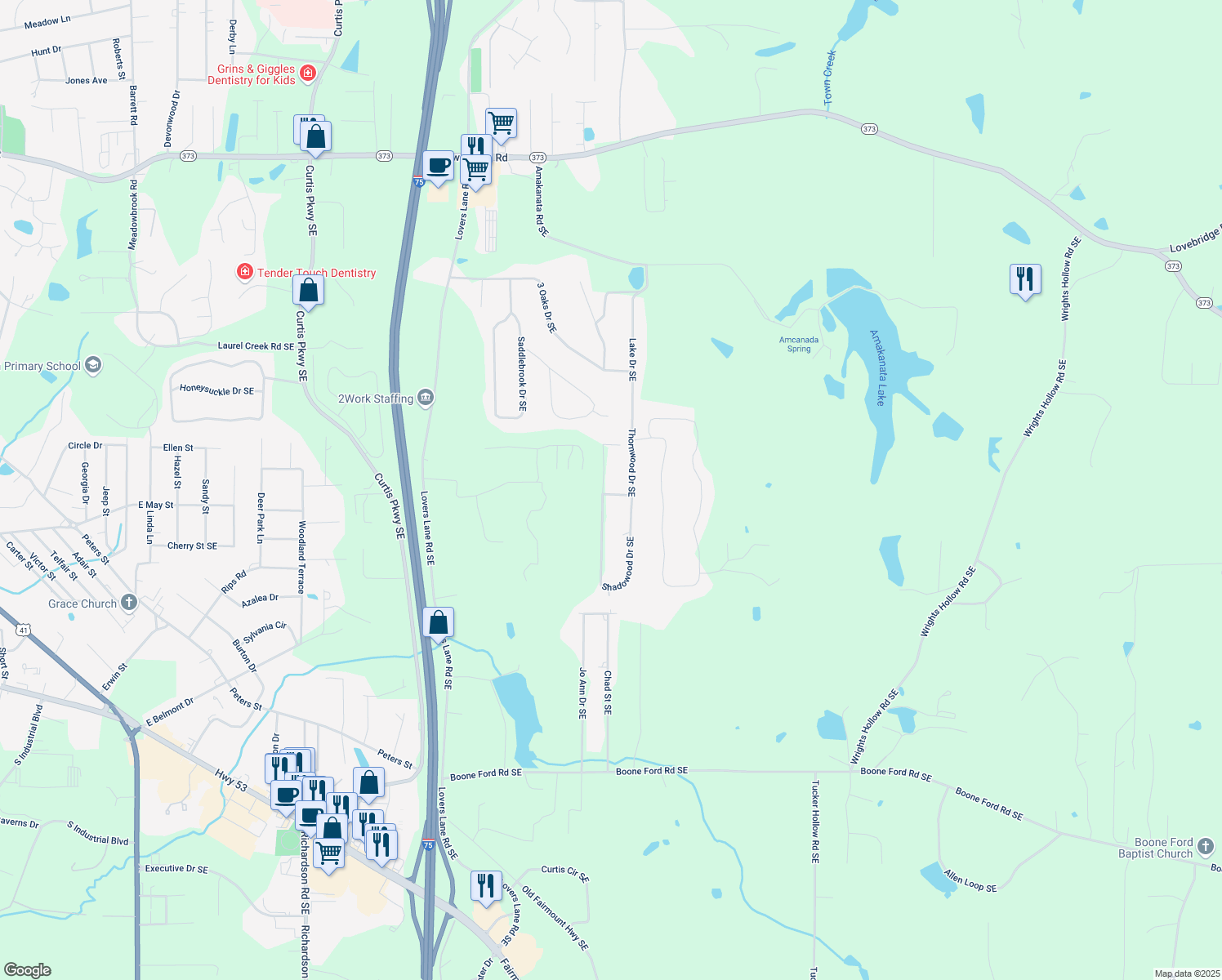 map of restaurants, bars, coffee shops, grocery stores, and more near 158 Shadowood Drive Southeast in Calhoun