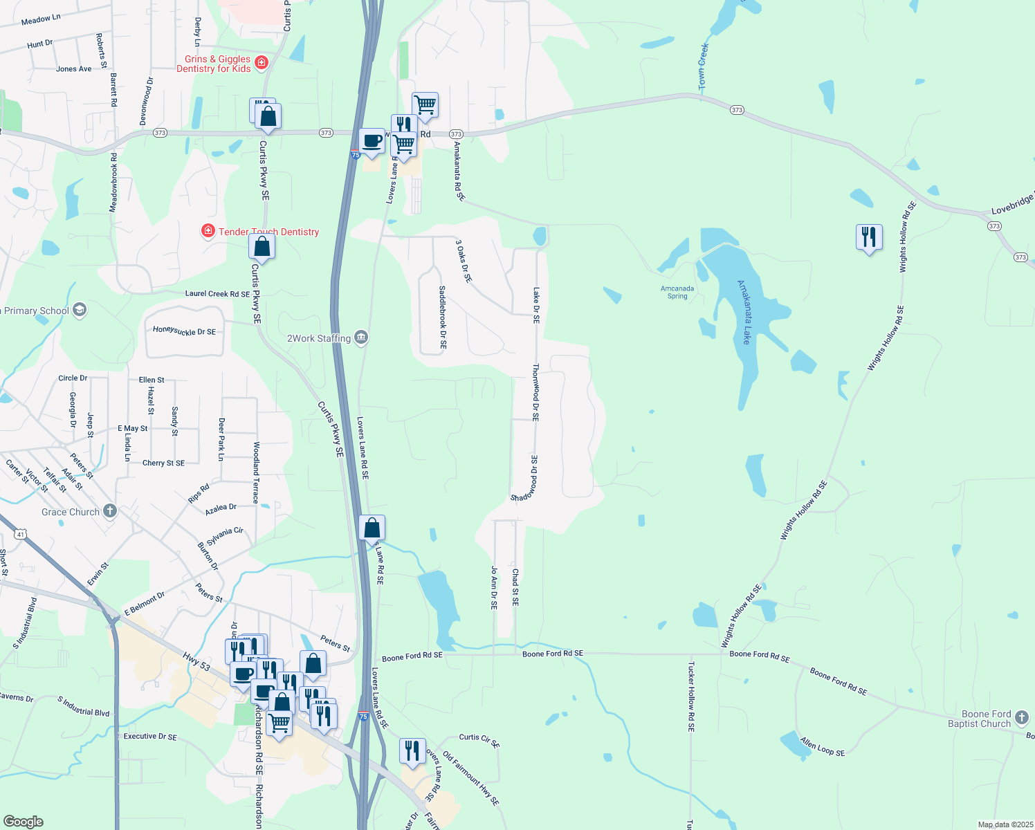map of restaurants, bars, coffee shops, grocery stores, and more near 158 Shadowood Drive Southeast in Calhoun