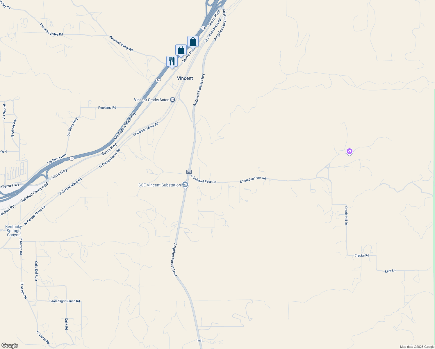 map of restaurants, bars, coffee shops, grocery stores, and more near 313 East Soledad Pass Road in Palmdale