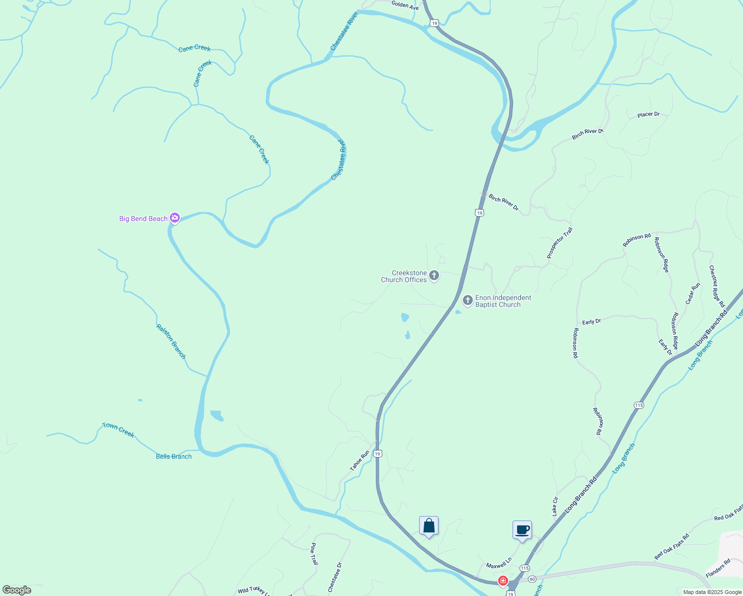 map of restaurants, bars, coffee shops, grocery stores, and more near Calhoun Mine Road in Dahlonega