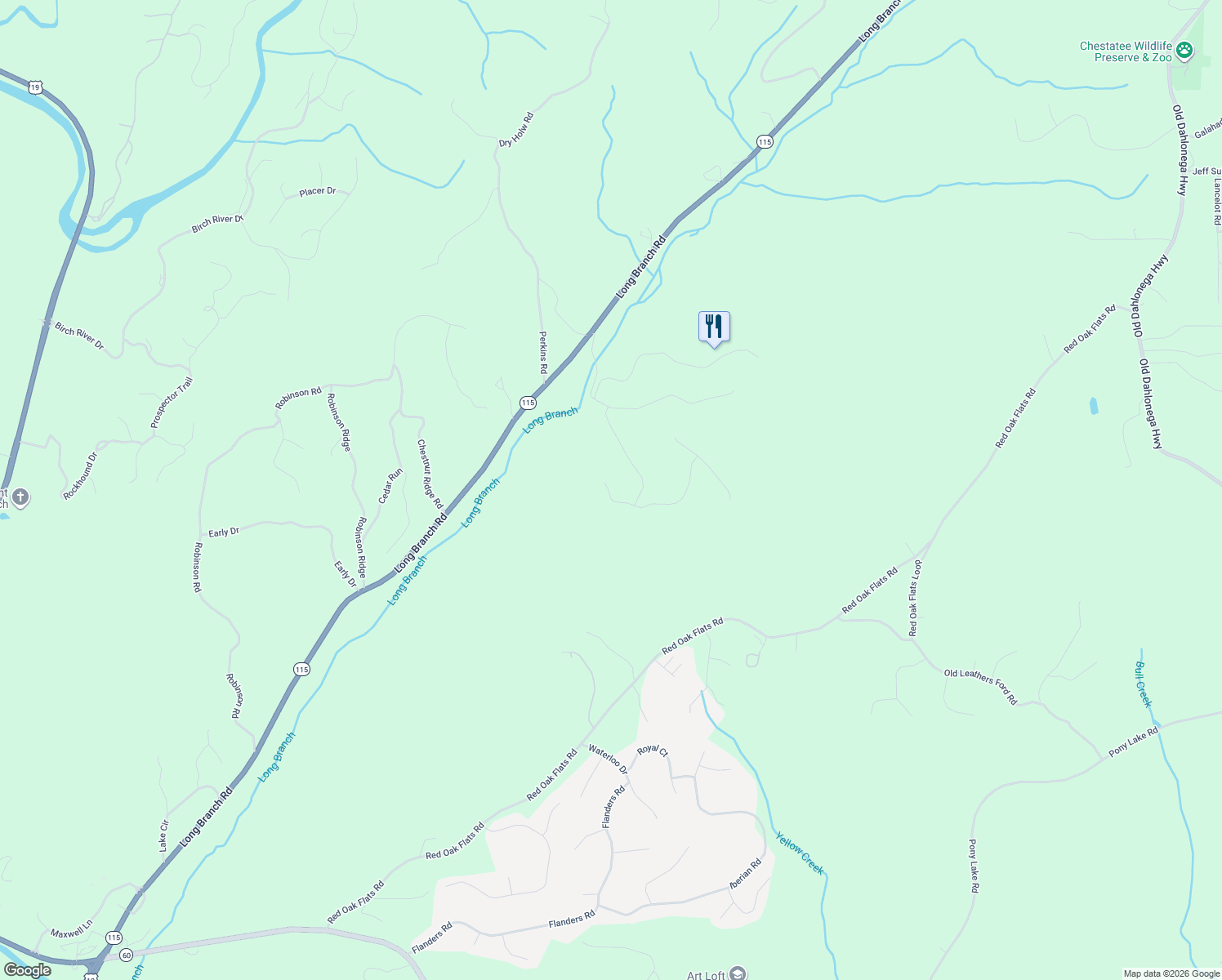 map of restaurants, bars, coffee shops, grocery stores, and more near 31 Buckeye Lane in Dahlonega