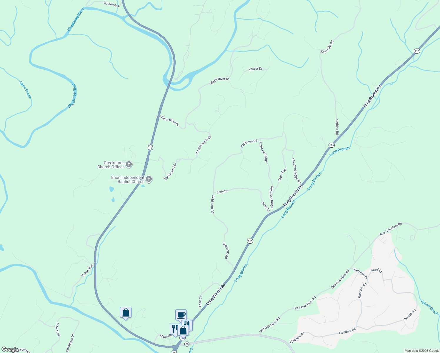 map of restaurants, bars, coffee shops, grocery stores, and more near 902 Robinson Road in Dahlonega