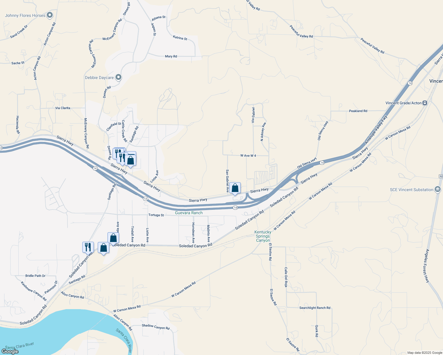 map of restaurants, bars, coffee shops, grocery stores, and more near San Gabriel Avenue in Acton