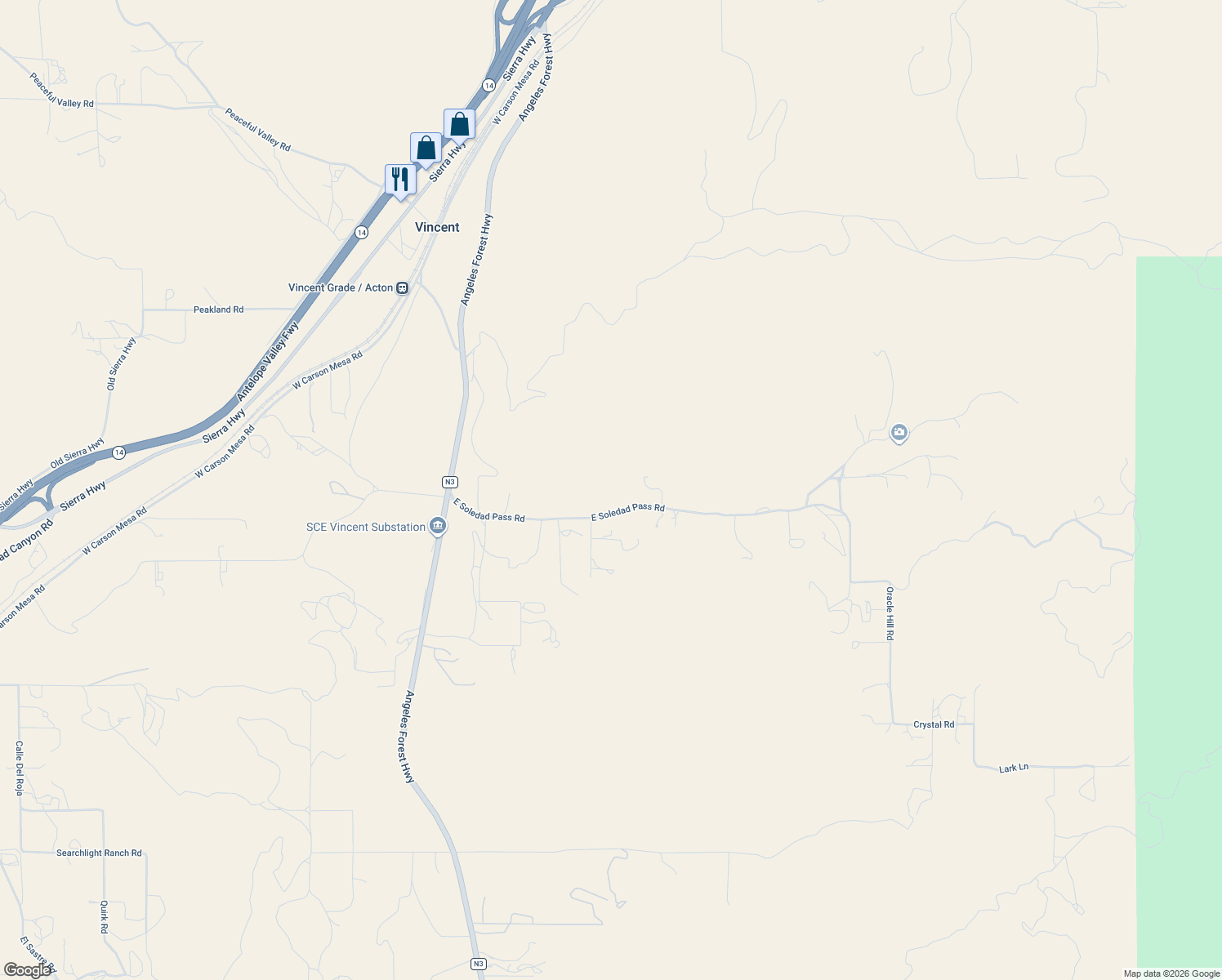 map of restaurants, bars, coffee shops, grocery stores, and more near 701 East Soledad Pass Road in Palmdale