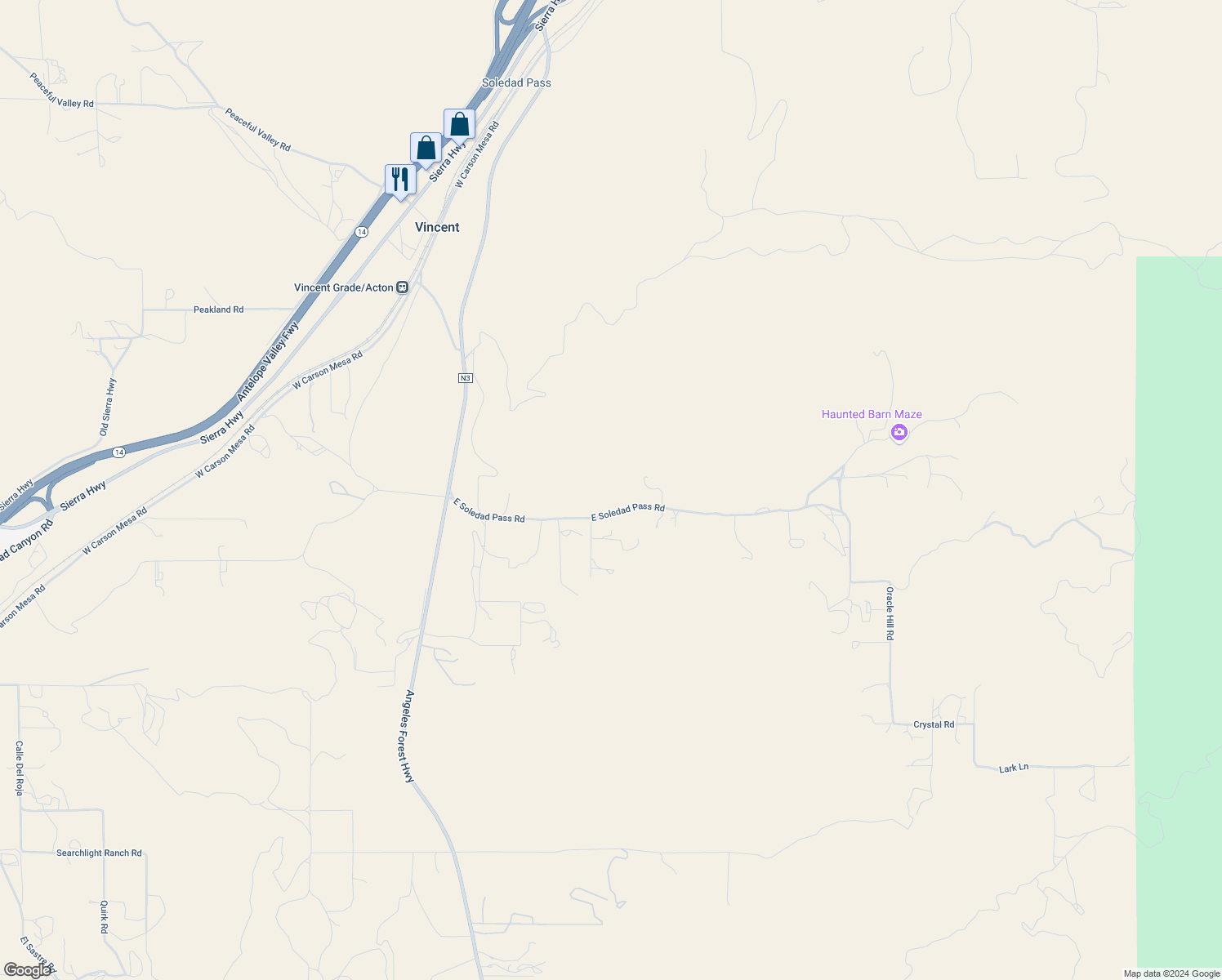 map of restaurants, bars, coffee shops, grocery stores, and more near East Soledad Pass Road in Los Angeles County
