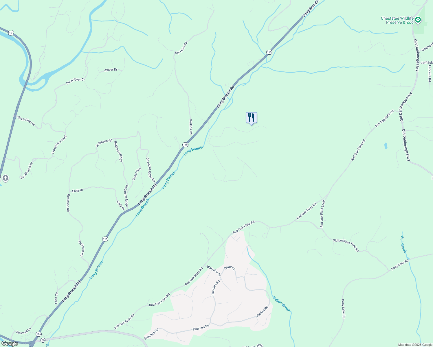 map of restaurants, bars, coffee shops, grocery stores, and more near 31 Buckeye Lane in Dahlonega