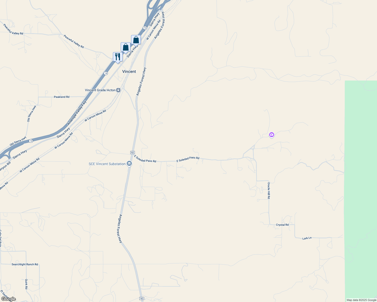 map of restaurants, bars, coffee shops, grocery stores, and more near East Soledad Pass Road in Los Angeles County