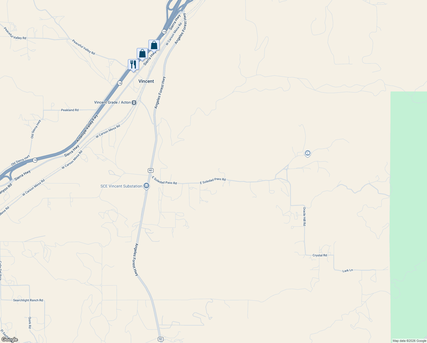 map of restaurants, bars, coffee shops, grocery stores, and more near 701 East Soledad Pass Road in Palmdale