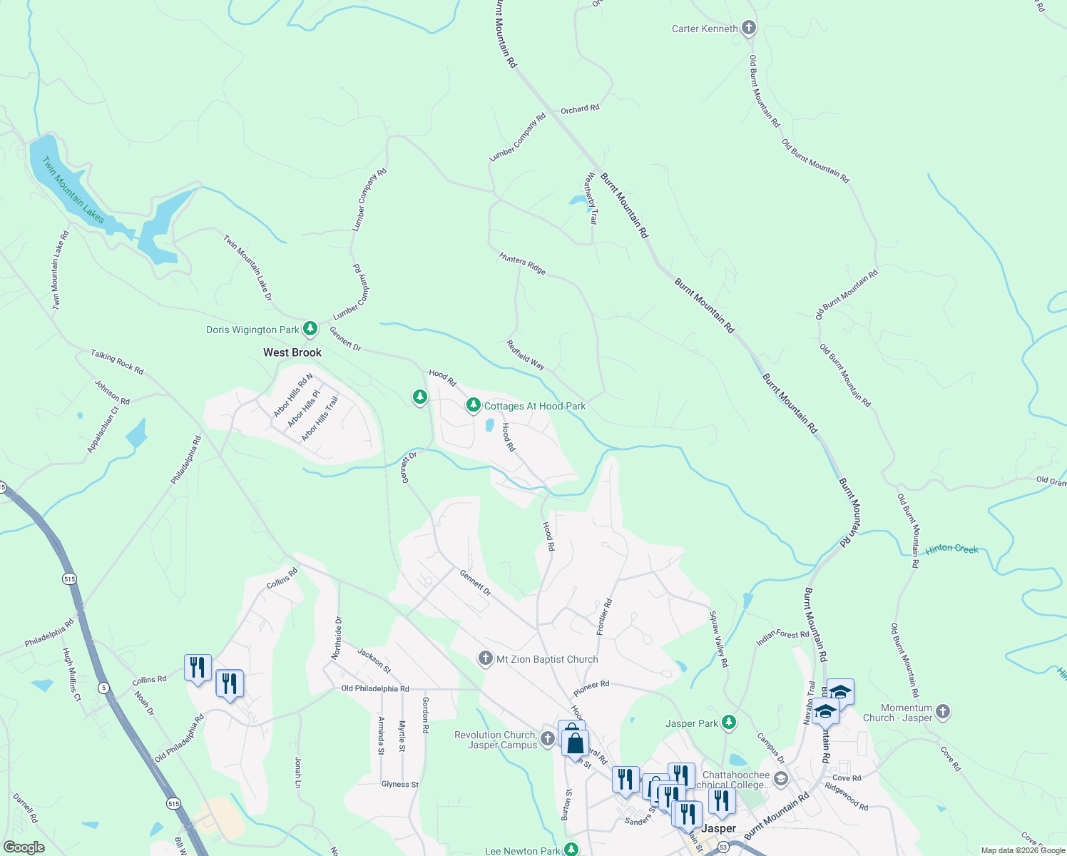 map of restaurants, bars, coffee shops, grocery stores, and more near North Ridge Road in Pickens County