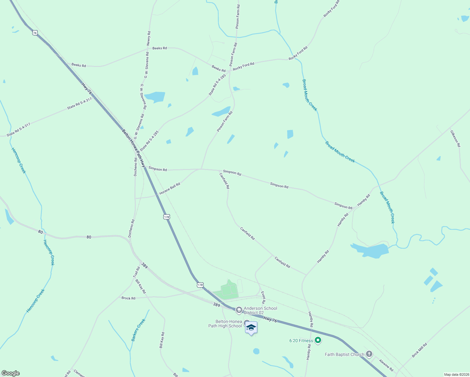 map of restaurants, bars, coffee shops, grocery stores, and more near 105 Canfield Rd in Honea Path