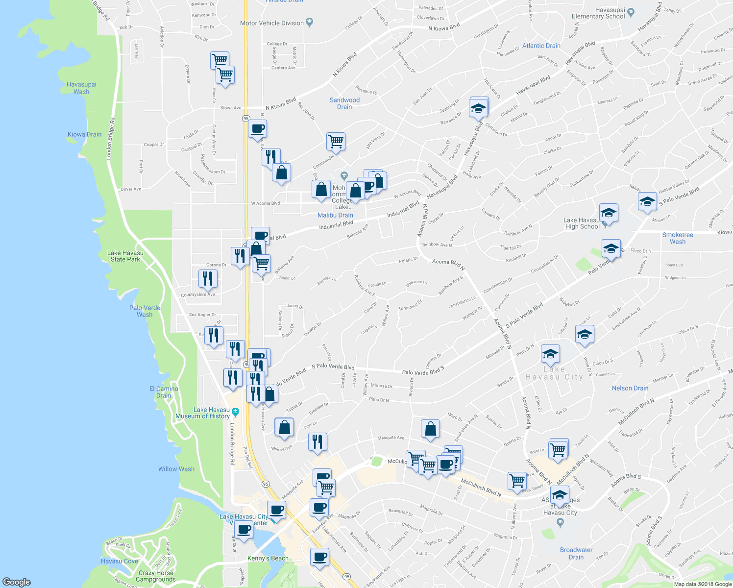 map of restaurants, bars, coffee shops, grocery stores, and more near 1960 Papago Drive in Lake Havasu City