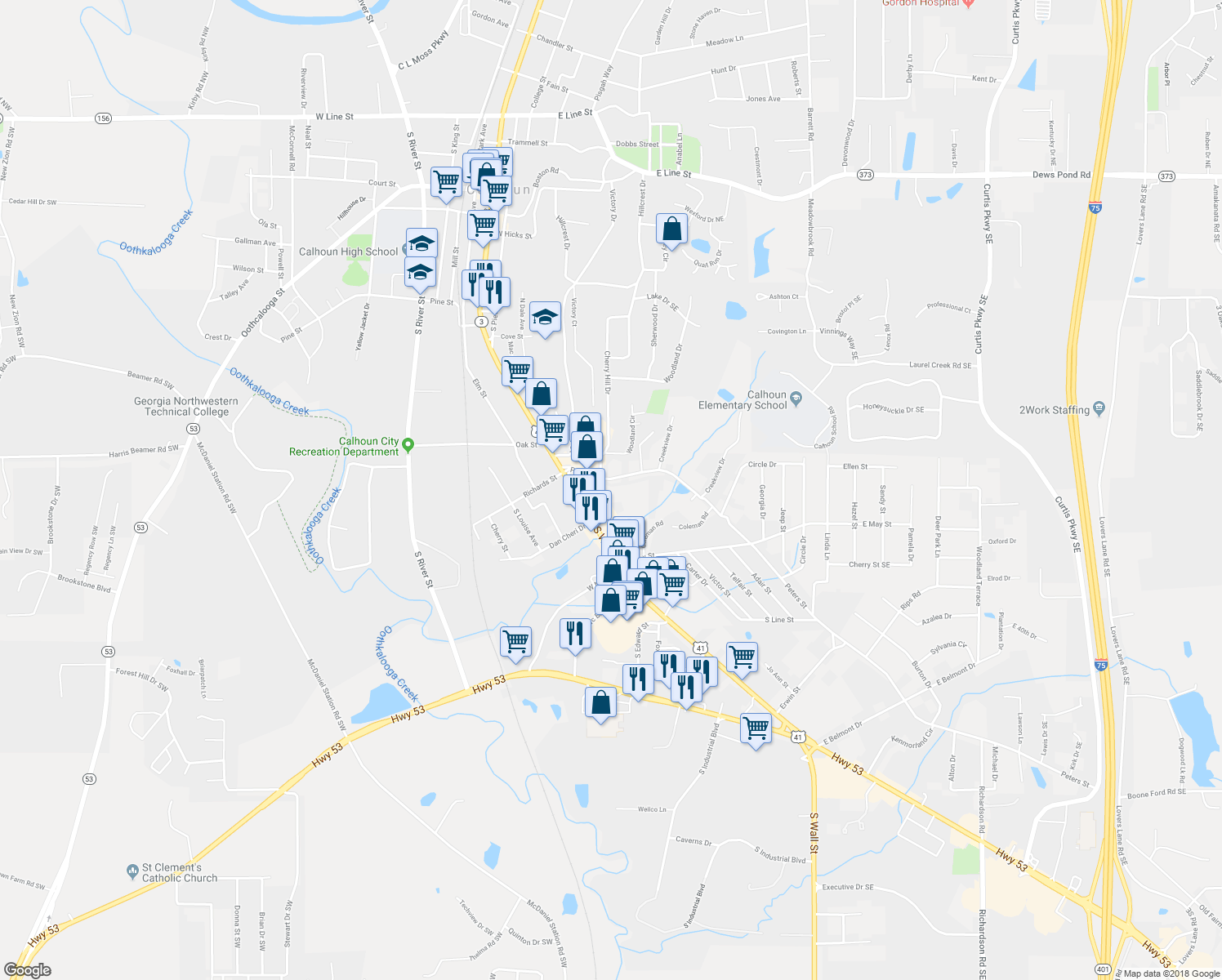 map of restaurants, bars, coffee shops, grocery stores, and more near 117 Peters Street in Calhoun